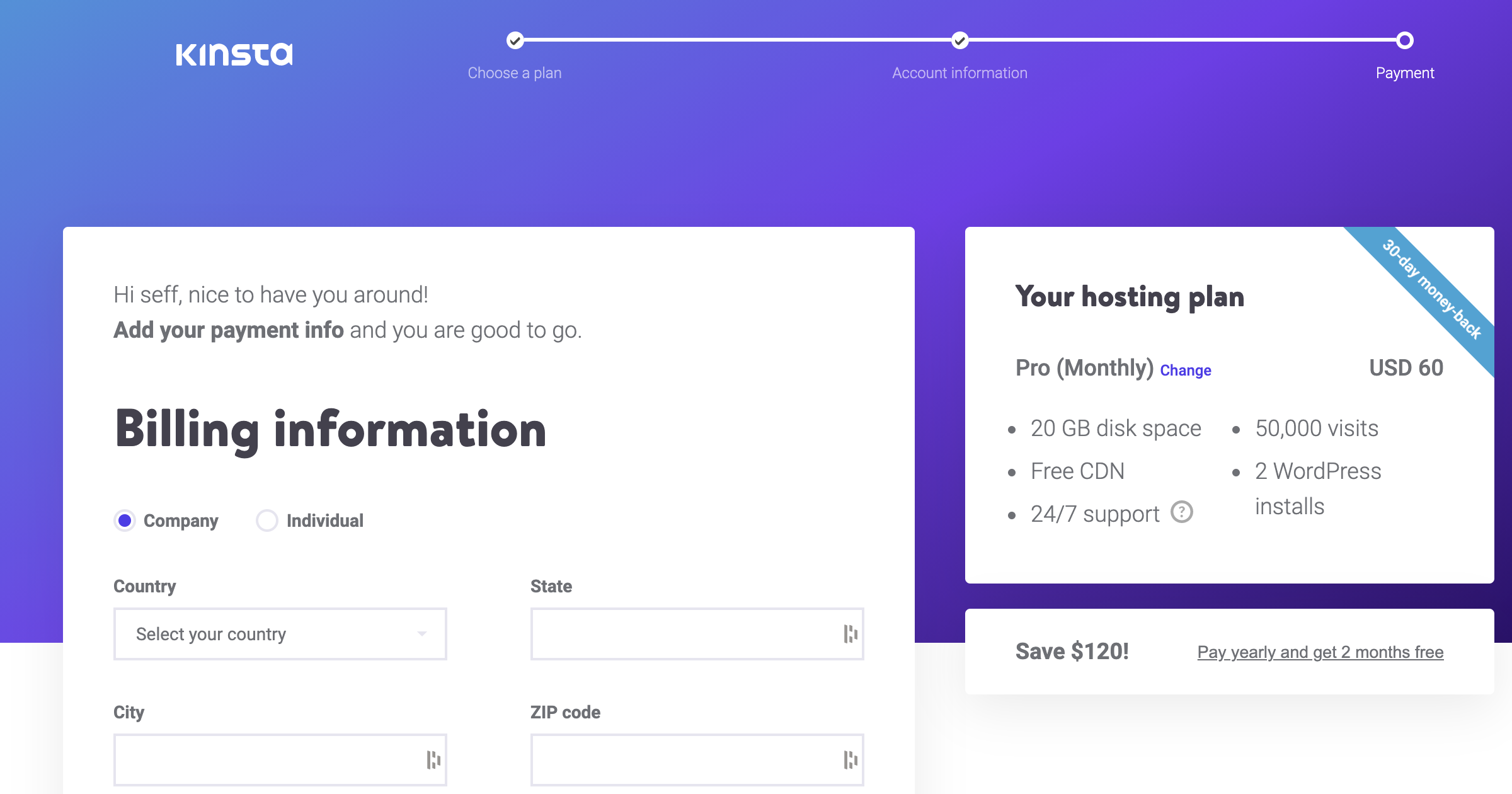 signing up with kinsta