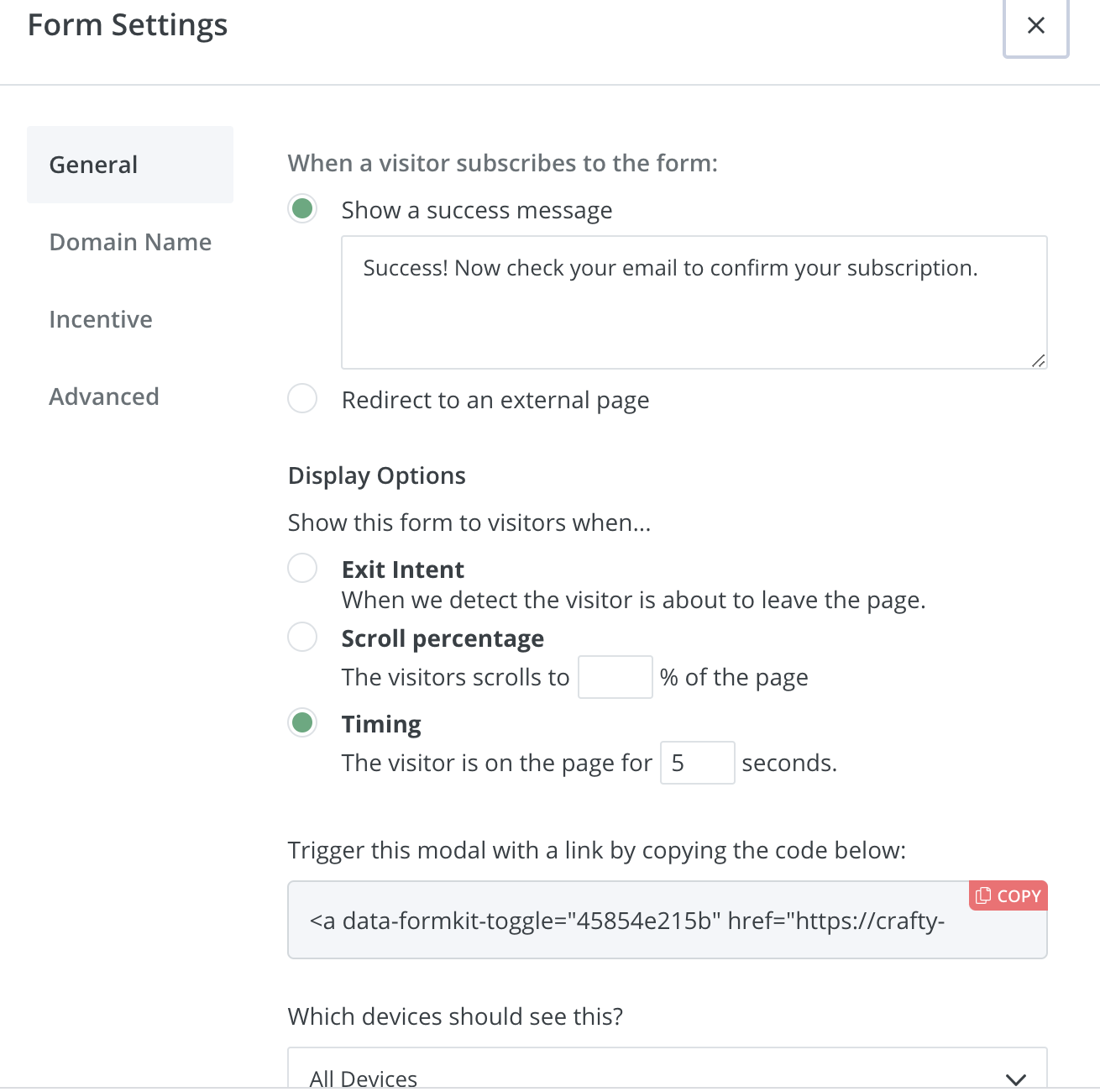 forms settings in Convertkit